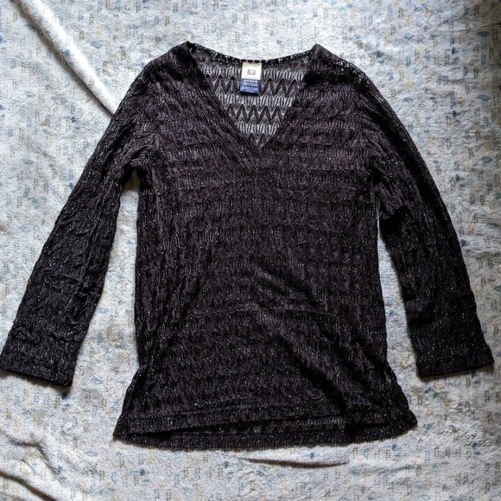 Black Textured V-Neck Top